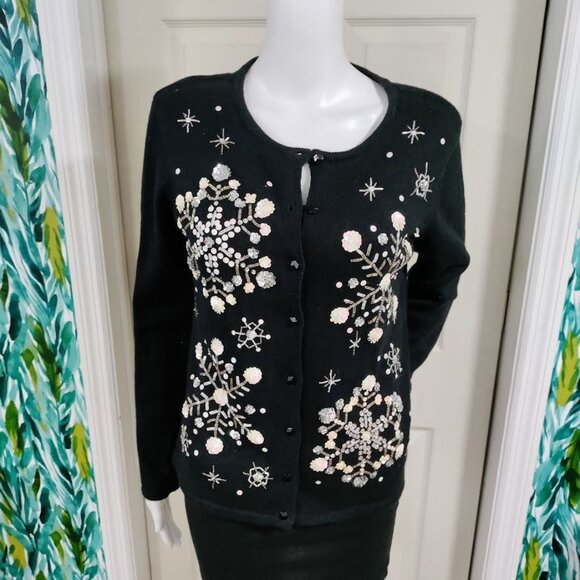 Tiara International Black Tight Knit Christmas Cardigan Small - Picture 12 of 12